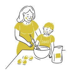 Doodle composition of cooking mother and her son. Contour hand drawn illustration isolated on white background. Vector flat learning concept for logo or sticker