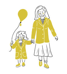Doodle drawing of walking mother her daughter with balloon and same clothes. Contour hand drawn flat drawing isolated on white background. Vector brining up concept for logo or sticker