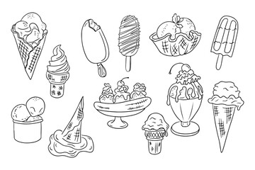 Black and white set of doodle ice cream drawings. Contour hand drawn illustration with different type of refreshing food isolated on white background. Good for stickers and coloring pages