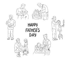 Happy Fathers day doodle contour set. Monochrome black outline drawings of fathers and their kids isolated on white background. Everyday mothers routine. Good for coloring pages, stickers