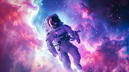 An astronaut floating in space against a stunning cosmic background
