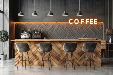 Modern coffee bar with wood wall and herringbone pattern, sleek design with three tall chairs and neon sign that says COFFEE - Powered by Adobe