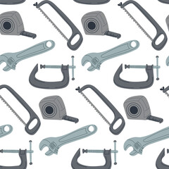 Flat seamless pattern with repairing tools isolated on white background. Sustainability and upgrade concept. Vector hand drawn elements. Industrial concept