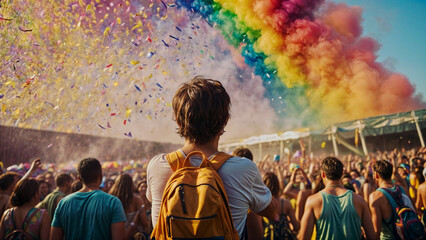 a person with yellow backpack in festival with rainbow colorful smoke and confetti  - Powered by Adobe
