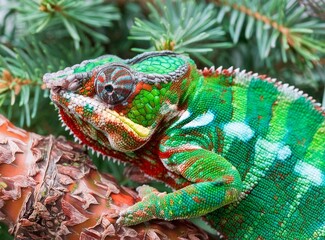 Colorful green panther chameleon lizard on a tree. © D'Arcangelo Stock