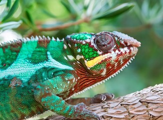 Colorful green panther chameleon lizard on a tree. © D'Arcangelo Stock