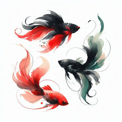  illustrazione disegno acquerello di tre pesci koi con code fluttuanti rosso verde e nero su sfondo bianco stile raffinato minimale romantico elegante