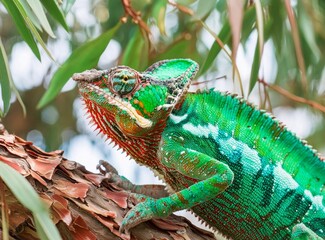 Colorful green panther chameleon lizard on a tree. © D'Arcangelo Stock