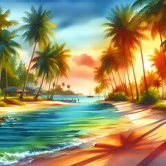 Obraz premium Vibrant, tropical beach, dotted with palm trees, watercolor painting