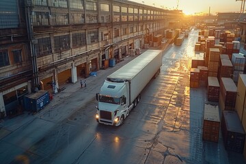 A white cargo truck driving through an industrial estate during sunset with shipping containers and warehouses