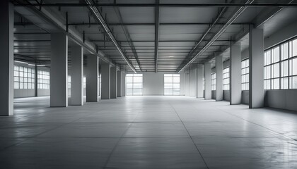 Empty warehouse with big windows of glass