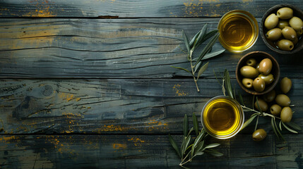 Composition with bowls of oil and olives on wooden background - Powered by Adobe
