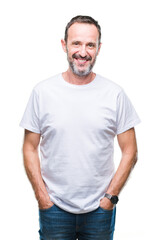 Fototapeta premium Middle age hoary senior man wearing white t-shirt over isolated background with a happy and cool smile on face. Lucky person.