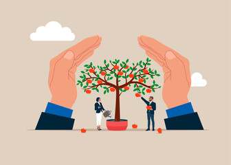 Wellbeing metaphor. People picking apples from tree. Idea, Financial and investment growth. Flat vector illustration © Vadym
