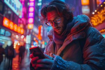 Fototapeta premium An individual lost in their smartphone screen, stark against a vibrant neon-lit urban street backdrop, suggesting a digital age disconnect