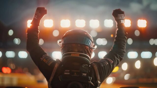 Silhouette of a racing driver celebrating victory in a race against bright lights in a stadium.