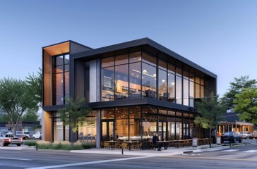 Modern coffee shop exterior design rendering, black and gray color scheme with glass windows on the front of twostory building facade