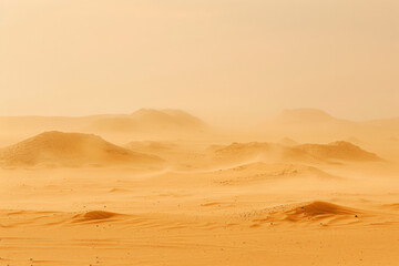 Fototapeta na wymiar Vast and Serene Desert Dunes Under Hazy Sunset Sky, Tranquil Sandy Landscape.