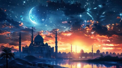 Captivating Designs of Mosque Backgrounds Illuminated by Moonlight for Embracing Islamic Culture