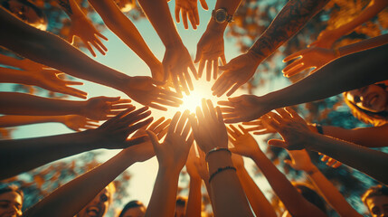 Close-up group of people joining hands together as the sun rises or sunset