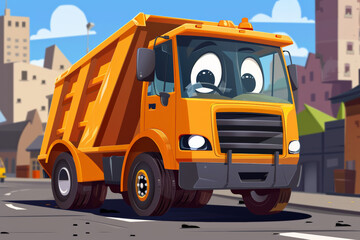 Colorful animated smiling garbage truck driving in a sunny city setting.