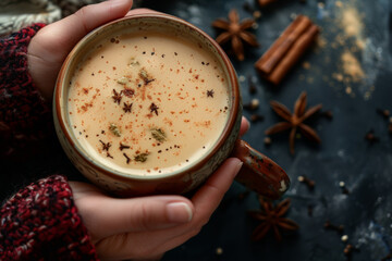Warm hand holding a deliciously spiced chai latte adorned with cinnamon and star anise