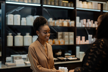 Elegant Woman in Fashionable Beige Blazer Joyfully Shops for Scented Candles, Boutique Ambiance.