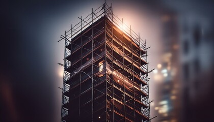 Construction tower building with scaffolding systems, with dark background in construction project