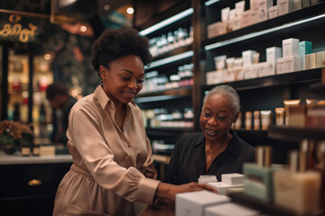 Two cheerful women engage in a friendly conversation over cosmetics products at a store counter.  African American salesperson, merchandising - Powered by Adobe