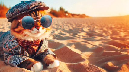 Fashionable stylish cat in sunglasses resting on the sandy beach in a fashionable outfit