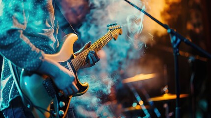Obraz premium Guitarist in action, A musician with an instrument, on a concert stage