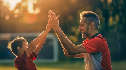 A father giving his child a high five after a successful football game