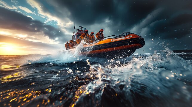 Incentive rugged high speed lifeboat with crew on the open sea at sunset, dramatic storm clouds and splashing waves.
