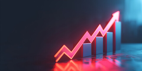 Growth strategy red arrow business graph up symbol on finance 3d graphic market investment rise background with success money profit chart increase concept or digital economy goal target development.
