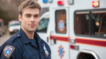 Paramedic by an ambulance, ready for emergency response.