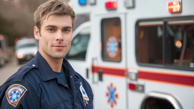 Paramedic by an ambulance, ready for emergency response.