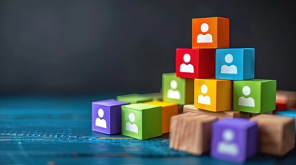 colorful blocks wood with people icons over wooden table ,human resources and management concept
