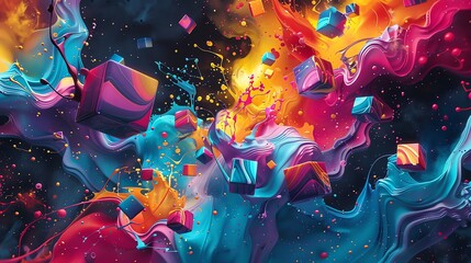 Colorful cubes dripping and swirling on black