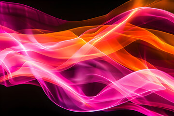 Luminous pink and orange neon waves blending together in abstract art. Stunning wallpaper on black background.