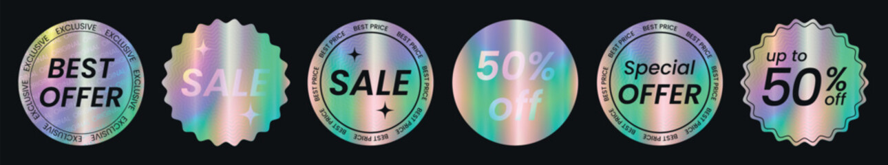 Big set of retro color holographic sticker templates, a label with a holographic effect. Shiny Rainbow Emblem Best Offer, up to 50% Off, Special Offer, Sale. EPS10 Vector Illustration EPS10