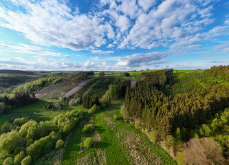 This aerial image captures the diverse landscape of Hautes Fagnes, where expansive mixed forests...