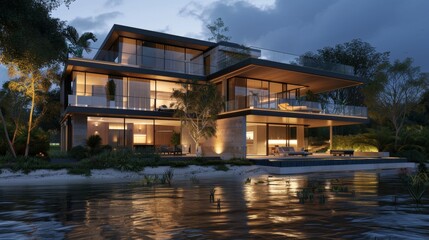 3d rendering of modern house by the river at morning, house, luxury, villa, modern, architecture, building, exterior, residential, property, designer