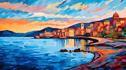 seaside city landscape oil painting abstract decorative painting
