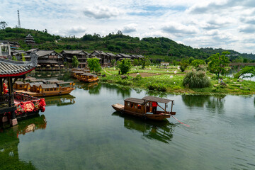 Fototapeta premium A small boat on the lake, Lizhuang Ancient Town, Yibin, Sichuan, China