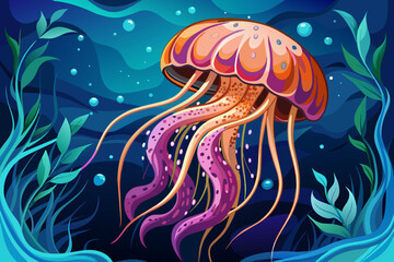 Jellyfish with flowing tentacles swimming in the ocean. Concept of ocean animal, sea creature. Graphic illustration. Print