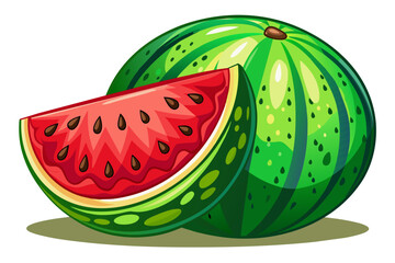 Whole watermelon with juicy slice cut out. Illustration of fresh watermelon. Concept of summer, freshness, fruit, and healthy eating. Graphic art. Isolated on white background. Print, design element