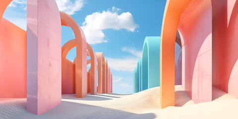 Beautiful abstract colorful corridors with colour arch on a sky and cloud background. 