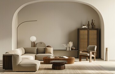 Modern interior design of a living room with a beige sofa, armchair and coffee table near a wooden cabinet against the wall in neutral colors