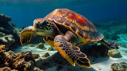 An endangered turtle swimming gracefully through a coral reef, its shell adorned with vibrant hues of red