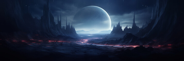 Alien Landscape with Lava Rivers and Mountains Under Giant Moon. Dark Futuristic World. Mysterious Planet. Generative AI